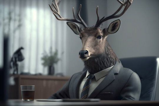Portrait of a Deer Dressed in a Formal Business Suit at The Office, Boss Deer, Generative Ai