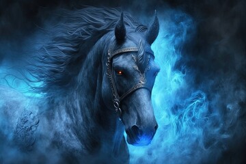 Naklejka na ściany i meble close up blue running horse, Generative Ai