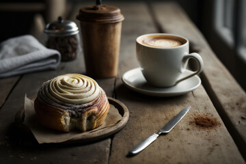 Сinnamon bun and coffee. Illustration Generative AI