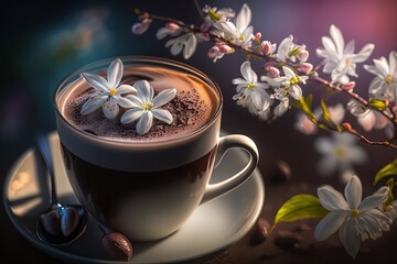 Artistic beautiful romance hot chocolate with whipped cream beverage serve in glass with spring flowers, idea for background or wallpaper, Generative Ai