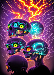 Colorful fantasy illustration of a rainbow skulls with lighting rays in graffiti style. Psychedelic crazy Halloween digital painting