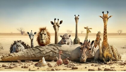  a group of giraffes, zebras, and other animals standing in a desert area with a large crocodile in the foreground.  generative ai