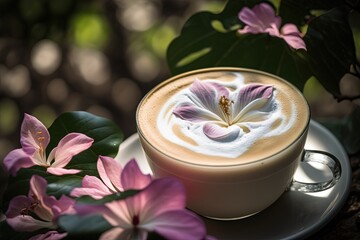 Latte art on coffee or tea cup in shape of flower, Generative Ai