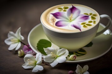 Fototapeta na wymiar Latte art on coffee or tea cup in shape of orchid flower, Generative Ai