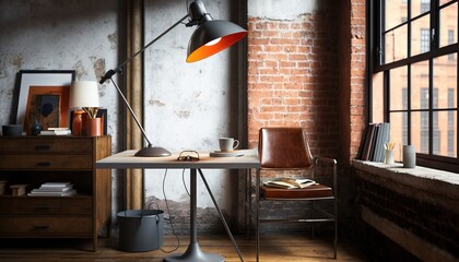  a desk with a lamp and a book on it in a room with a brick wall and a chair in front of a large window.  generative ai