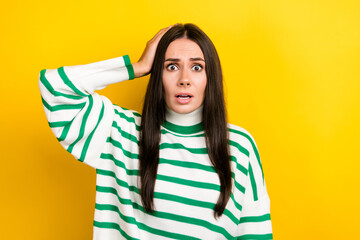 Photo of adorable shocked lady dressed striped pullover arm head forget important thing isolated...