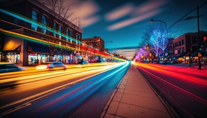  a city street at night with cars passing by on the road and buildings lit up with brightly colored lights and trees in the background with long exposure.  generative ai