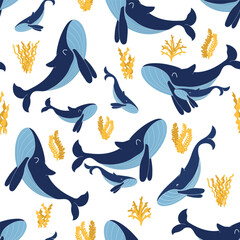 Fototapeta premium Seamless pattern with blue whales vector illustration. Mother and child. Sea mammals and seaweed. Cute doodle characters. Isolated on white backdrop
