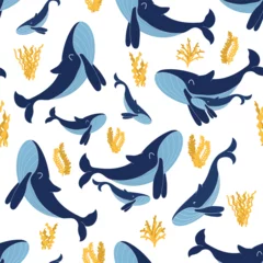 Seamless pattern with blue whales vector illustration. Mother and child. Sea mammals and seaweed. Cute doodle characters. Isolated on white backdrop © ugguggu