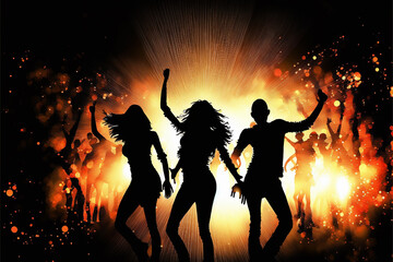 Plakat Silhouette of Young happy people are dancing in club. Nightlife and disco concept - Generative AI