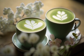 Fototapeta na wymiar Artistic beautiful romance two cups of green tea or coffee with cherry blossom flower branch, spring season and national spring festival theme drink, idea for background or wallpaper, generative Ai