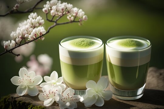 Artistic beautiful romance two cups of green tea or coffee with cherry blossom flower branch, spring season and national spring festival theme drink, idea for background or wallpaper, generative Ai
