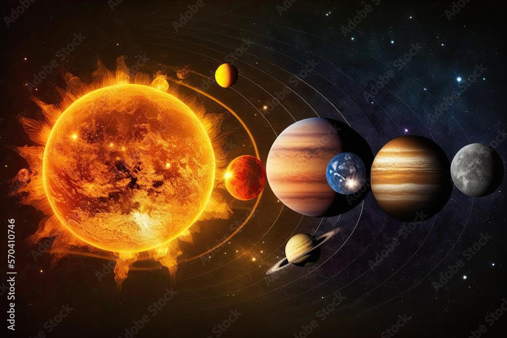 Wall mural unreal fantastic scheme of the solar system with the sun and planets in space. generative ai