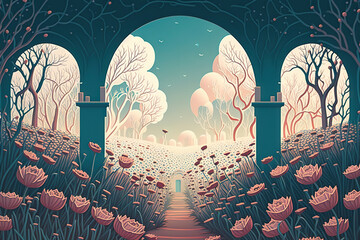 Filigree Field of Flowers Landscape - Flower Fields Series - Filigree Flower Field Lanscape background wallpaper created with Generative AI technology	