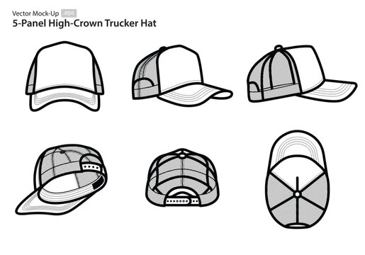5-Panel Structured High-Crown Trucker Hat Vector Mock-Ups (Multiple Orientations)