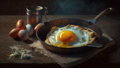 A fried egg in a frying pan on an old gas cooker. Generative AI - obrazy, fototapety, plakaty