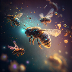 Bees flying through the cosmos - Cosmic Animals Series - Cosmic Bees background wallpaper created with Generative AI technology	