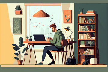 A freelancer man works behind a laptop. Home office workplace. Work form home. (ai generated)