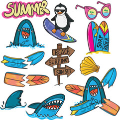 Surfing theme patches, badges, stickers. Vector illustrations of sharks, surfboards. Hand drawn cute stickers
