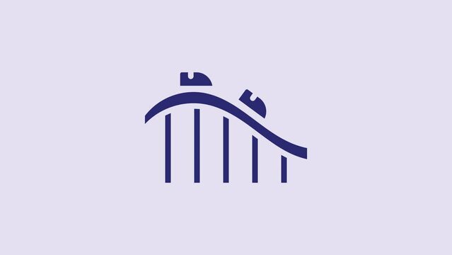 Blue Roller coaster icon isolated on purple background. Amusement park. Childrens entertainment playground, recreation park. 4K Video motion graphic animation