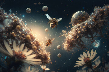 Fototapeta na wymiar Bees flying through the cosmos - Cosmic Animals Series - Cosmic Bees background wallpaper created with Generative AI technology 
