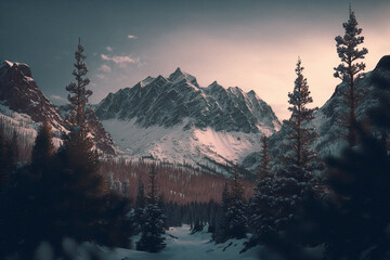 Paisaje montañas nevadas, montes nevados, en invierno con pinos. Generado con IA. 