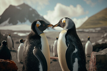 Pingüinos enamorados en su glaciar montes nevados nieve. Generado con IA.