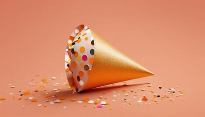  a party hat with confetti scattered around it on a pink background with confetti scattered around it on the bottom of the cone.  generative ai
