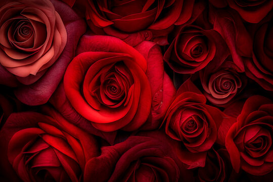 Red roses. Background full of multiple red roses, top view. Fresh dark red rose close up texture for St. Valentine's Day or Sant Jordi. Rose blossom. Generative AI.