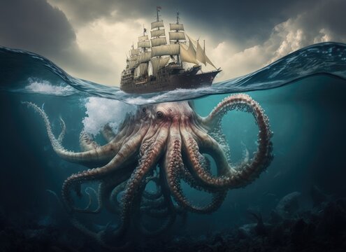 ship and kraken at sea