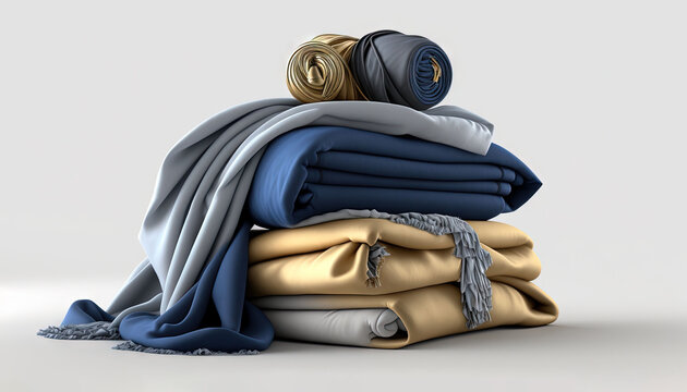  A Stack Of Folded Blankets And Blankets On Top Of Each Other On A White Surface With A Light Gray Background And A Gold And Blue Blanket On Top.  Generative Ai