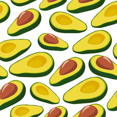 seamless pattern of several halves of an avocado with and without pits in vector. 