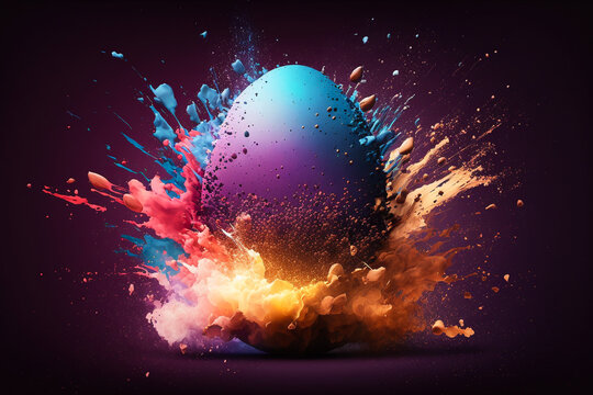 An Easter egg exploding into all the colours of a rainbow as it hits the floor, Easter background image, generative AI illustration