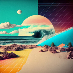 Beach landscape with waves, collage art, vintage granular texture Generative AI