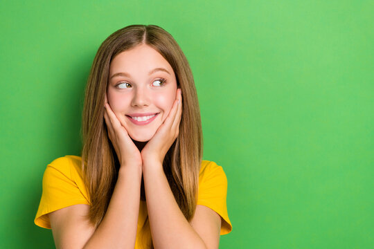 Closeup photo of dreamy toothy beaming smile lady touch cheeks look mockup interested proposition language courses isolated on green color background