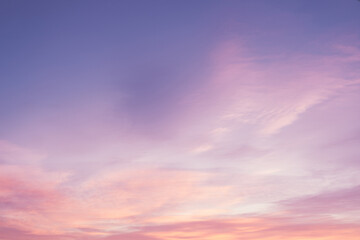 Sky with soft and fluffy pastel pink and blue colored clouds. Sunset background. Nature. sunrise. Instagram toned style