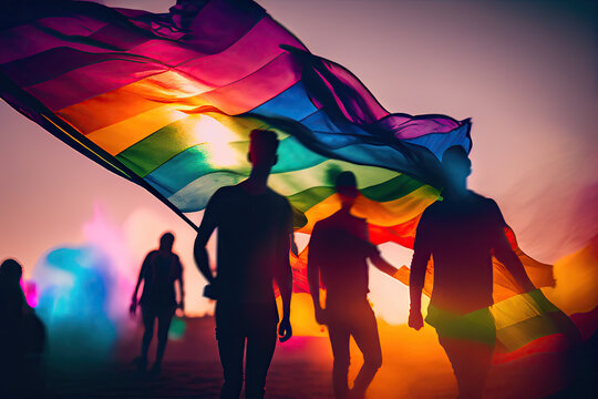 Motion blurred image of gay people holding gay rainbow flags - AI Generated