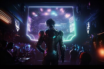 Fototapeta na wymiar Futuristic nightclub with robots and cyborgs, neon lights, generative AI