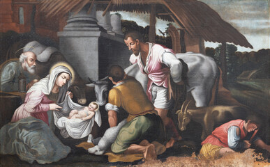 MATERA, ITALY - MARCH 7, 2022: The  painting of  Adoration of Shepherds in the church Chiesa di San Francesco Assisi by unknown artist.