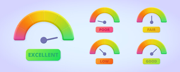 Credit rating icon collection. Poor, low, fair, normal, good, excellent credit score concept. 3d vector illustration set for web site, banner, landing page, print. Performance scale.