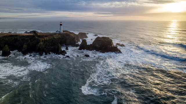 Drone Aerial Yaquina Head Lighthouse Newport Oregon Coast Sunset Photo 6