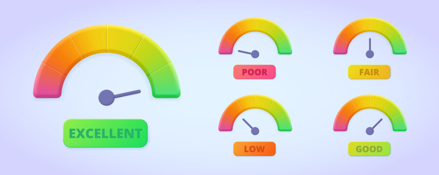 Credit rating icon collection. Poor, low, fair, normal, good, excellent credit score concept. 3d vector illustration set for web site, banner, landing page, print. Performance scale.