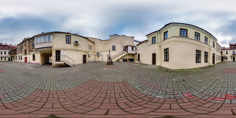full seamless spherical hdri 360 panorama near old houses in narrow courtyard or backyard of city...