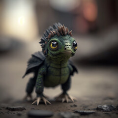 Fototapeta premium A Dystopian Tilt-Shift Portrait of a Tiny Radioactive Dinosaur with Enormous Eyes. Generative ai
