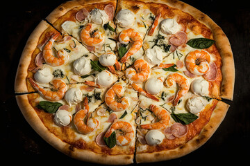 Brick oven pizza with shrimp mozzarella and basil in a garlic white sauce, gourmet pizza, Restaurant menu image