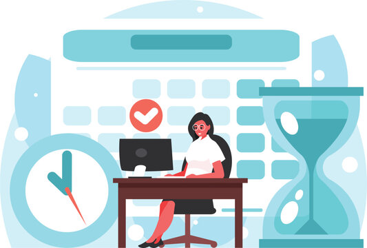 Online Accounting Concept. Planning Schedule, Business Event And Calendar Concept. Planning Strategy And Time Management. Deadline. Woman In The Workplace Working At PC. Vector Graphics