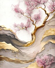 Luxury abstract digital acrylic landscape painting of sakura cherry blossom tree by river in Spring, pink, gold, brown, generative AI - obrazy, fototapety, plakaty