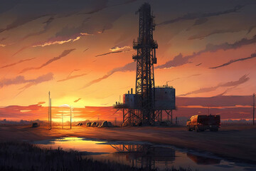 oil production platforms with rigs and refineries at sunset. Generative AI