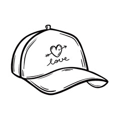 Doodle illustration of a baseball cap. Hand-drawn illustration of a fashionable stylish cap. Design for Valentine's Day love. Isolated on white background