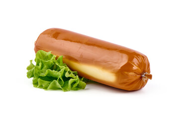 German Smoked cheese sausage, macro, isolated on white background.